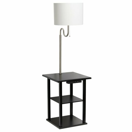 SIMPLE DESIGNS 57in 2 Tier End Table Floor Lamp Combo, 2 x USB Charging Ports & Power Outlet, White Shade, Black LF2016-BLK